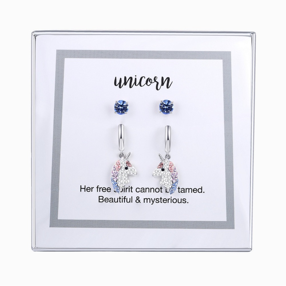 Crystal Collective Fine Silver Plated Crystal Huggie Unicorn & Stud Earrings Set